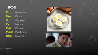 EPOCHS
Put
Eggs
On
My
Plate
Please
Honey
Palaeocene
Eocene
Oligocene
Miocene
Pliocene
Pleistocene
Holocene
SlideSkimmers
 