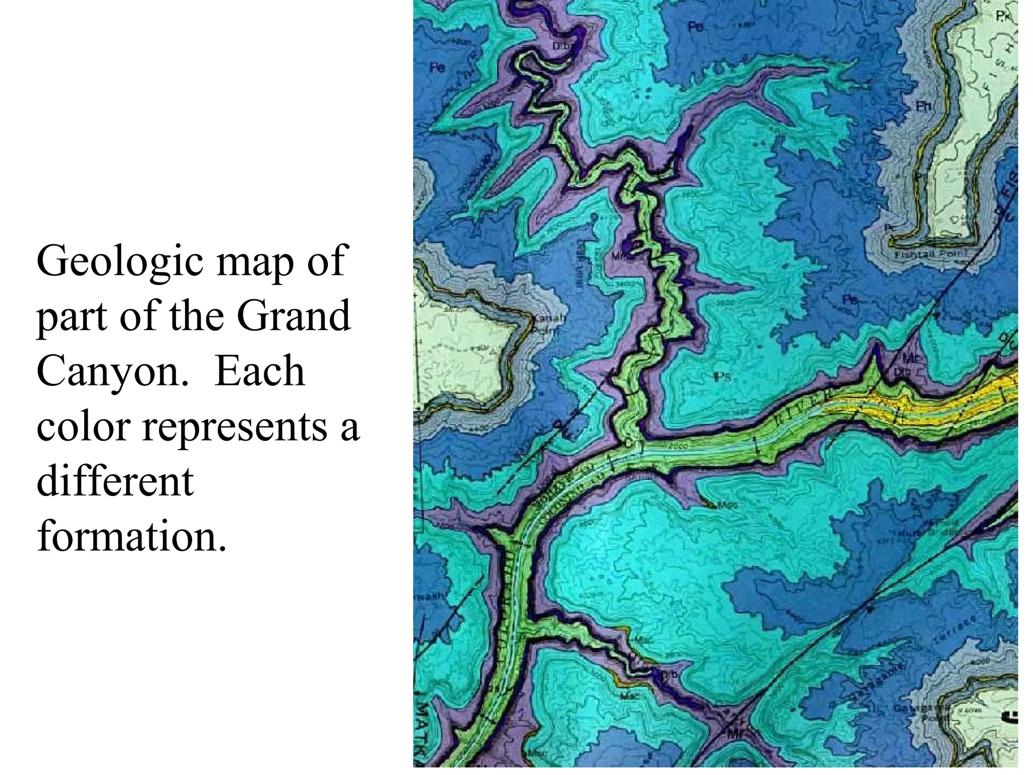 Geologic map of 
part of the Grand 
Canyon. Each 
color represents a 
different 
formation. 
 