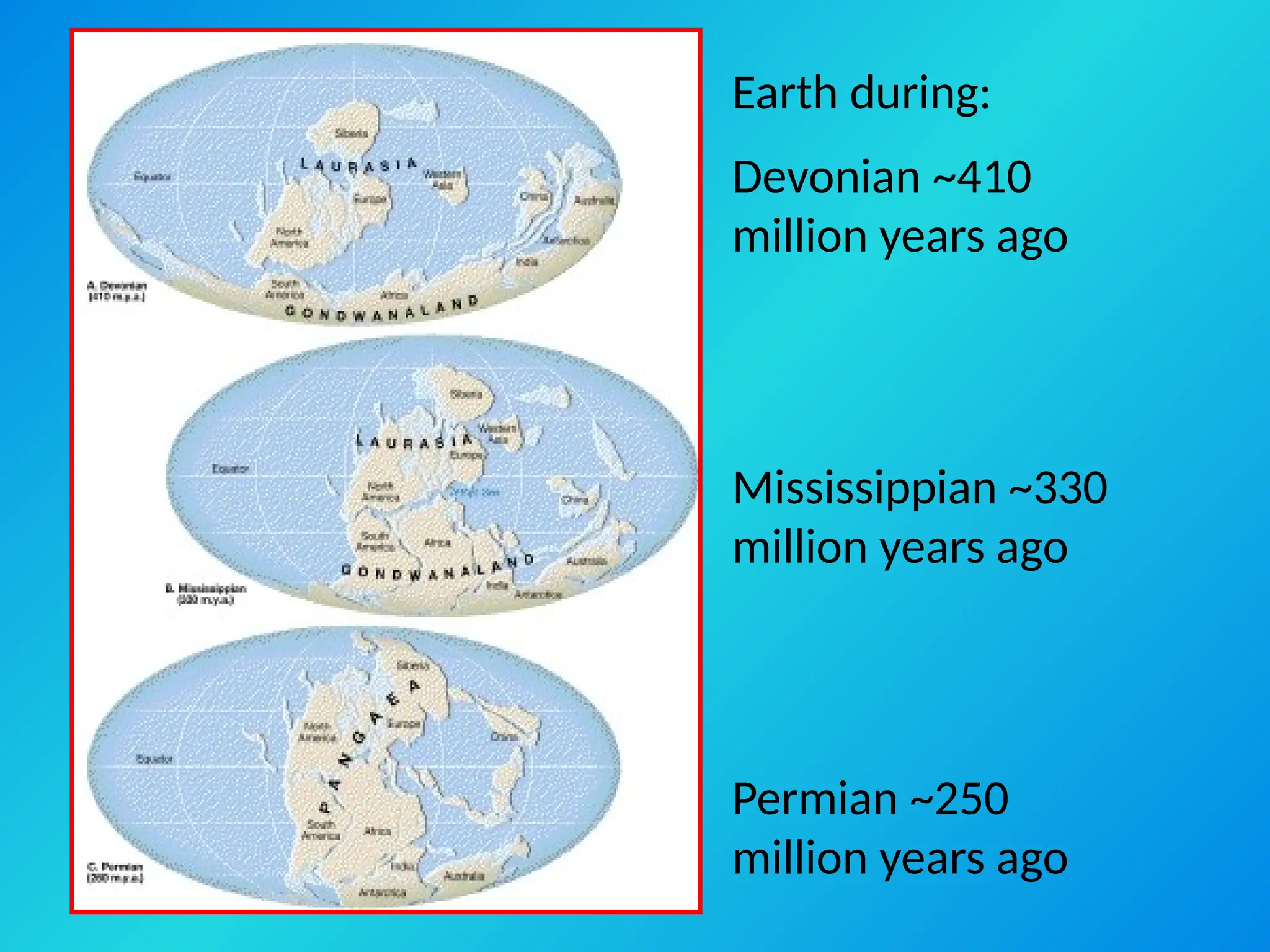 Earth during:
Devonian ~410
million years ago
Mississippian ~330
million years ago
Permian ~250
million years ago
 