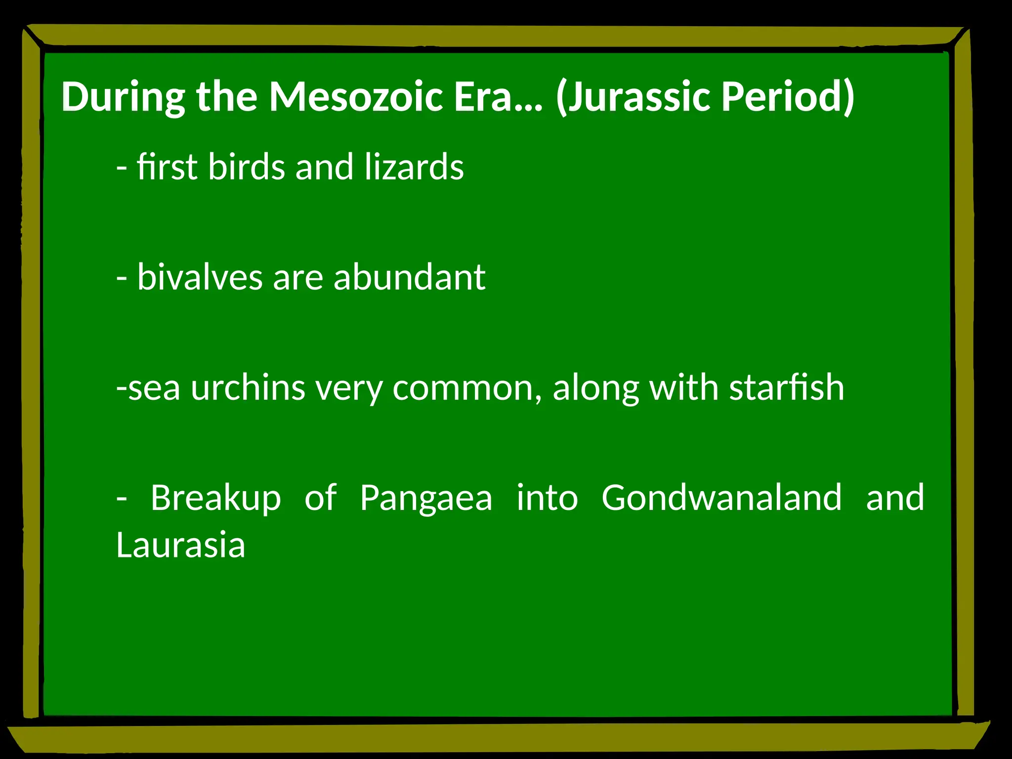 During the Mesozoic Era… (Jurassic Period)
- first birds and lizards
- bivalves are abundant
-sea urchins very common, along with starfish
- Breakup of Pangaea into Gondwanaland and
Laurasia
 