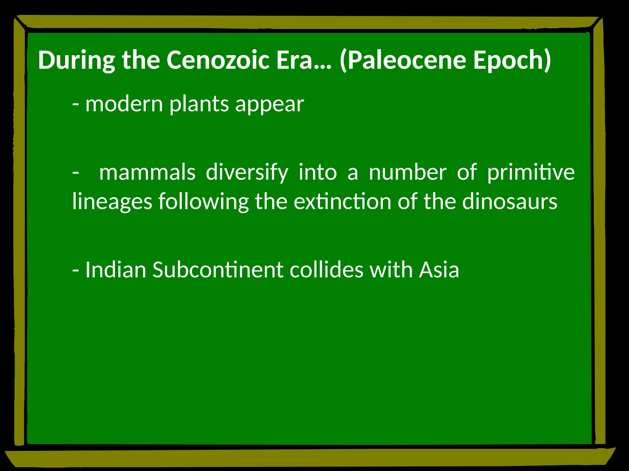 During the Cenozoic Era… (Paleocene Epoch)
- modern plants appear
- mammals diversify into a number of primitive
lineages following the extinction of the dinosaurs
- Indian Subcontinent collides with Asia
 