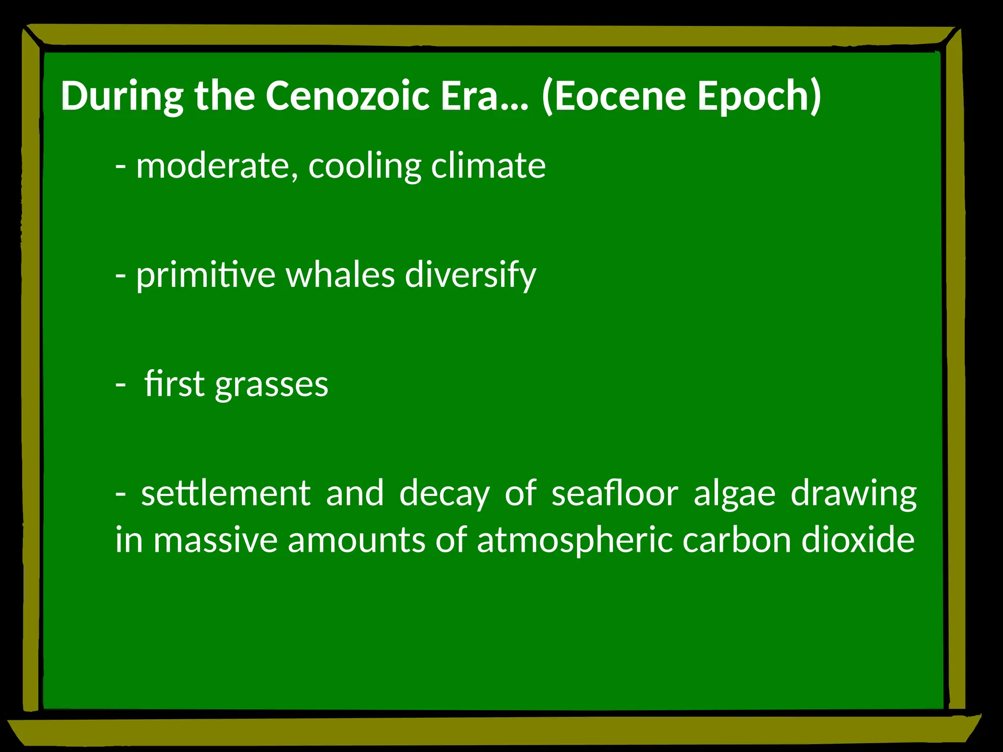 During the Cenozoic Era… (Eocene Epoch)
- moderate, cooling climate
- primitive whales diversify
- first grasses
- settlement and decay of seafloor algae drawing
in massive amounts of atmospheric carbon dioxide
 