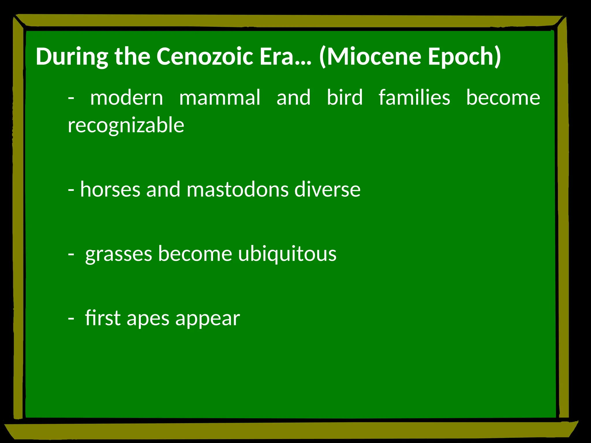 During the Cenozoic Era… (Miocene Epoch)
- modern mammal and bird families become
recognizable
- horses and mastodons diverse
- grasses become ubiquitous
- first apes appear
 