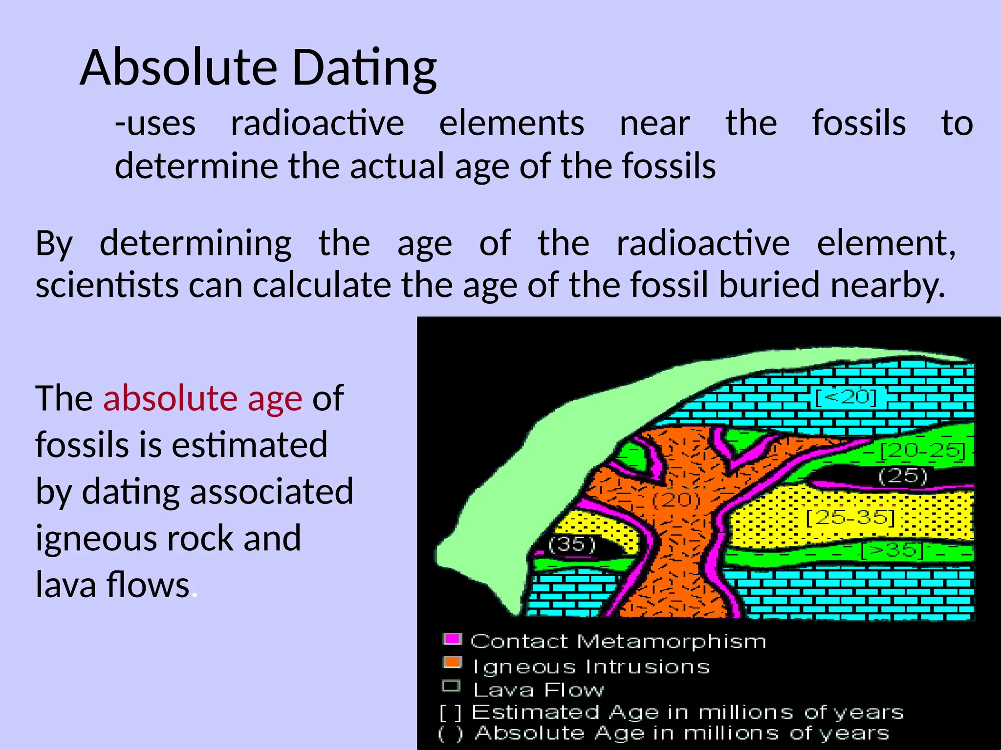 Absolute Dating
-uses radioactive elements near the fossils to
determine the actual age of the fossils
By determining the age of the radioactive element,
scientists can calculate the age of the fossil buried nearby.
The absolute age of
fossils is estimated
by dating associated
igneous rock and
lava flows.
 