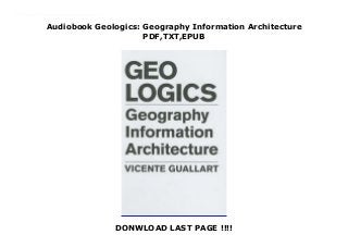 Audiobook Geologics: Geography Information Architecture
PDF,TXT,EPUB
DONWLOAD LAST PAGE !!!!
Download now : https://kpf.realfiedbook.com/?book=8495951614 by Vicente Guallart PDF Geologics: Geography Information Architecture For Android A new era demands a new architecture: Vicente Guallart, pioneer and producer of new media on architecture, examines the technological, social and cultural changes inherent in our current information society. He proposes, by means of his architecture, projects and writings, fresh ways for building in five distinct urban areas: the city, the periphery, the outskirts, the rural environment and cyberspace.
 