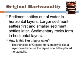 Original Horizontality
 Sediment settles out of water in
horizontal layers. Larger sediment
settles first and smaller sediment
settles later. Sedimentary rocks form
in horizontal layers.
 How is this like a layer cake?
 The Principle of Original Horizontality is like a
layer cake because the layers should be placed
horizontally.
 