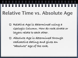 Relative Time vs. Absolute Age

    Relative Age is determined using a
    Geologic Column. How do rock strata or
    layers relate to each other.
    Absolute Age is determined through
    radioactive dating and gives an
    “absolute” age of the rock.
 