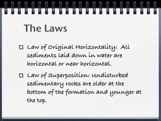 The Laws
Law of Original Horizontality: All
sediments laid down in water are
horizontal or near horizontal.
Law of Superposition: Undisturbed
sedimentary rocks are older at the
bottom of the formation and younger at
the top.
 