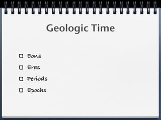 Geologic Time

Eons
Eras
Periods
Epochs
 