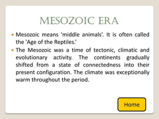 MESOZOIC ERA
 Mesozoic means 'middle animals’. It is often called
  the 'Age of the Reptiles.’
 The Mesozoic was a time of tectonic, climatic and
  evolutionary activity. The continents gradually
  shifted from a state of connectedness into their
  present configuration. The climate was exceptionally
  warm throughout the period.



                                            Home
 