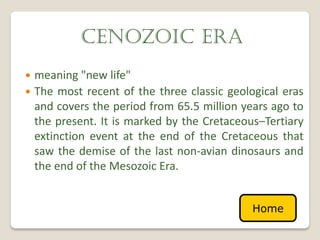 CENOZOIC ERA
 meaning "new life"
 The most recent of the three classic geological eras
  and covers the period from 65.5 million years ago to
  the present. It is marked by the Cretaceous–Tertiary
  extinction event at the end of the Cretaceous that
  saw the demise of the last non-avian dinosaurs and
  the end of the Mesozoic Era.


                                            Home
 