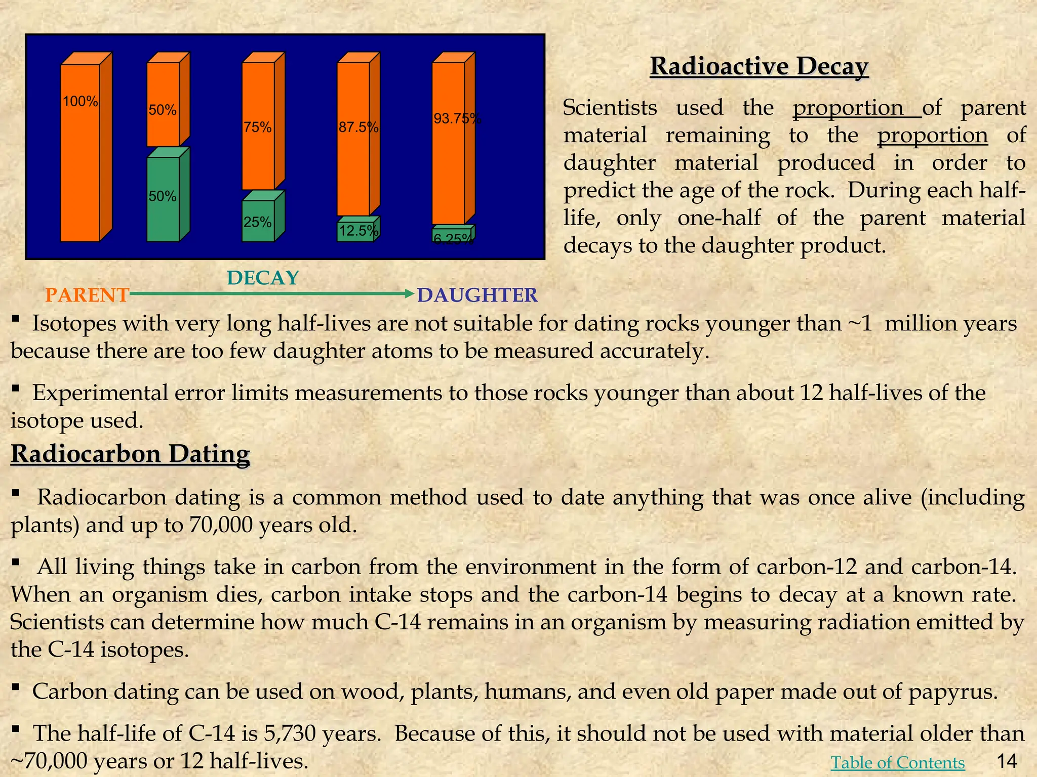 12.5%
6.25%
100%
50%
25%
50%
75% 87.5%
93.75%
Scientists used the proportion of parent
material remaining to the proportion of
daughter material produced in order to
predict the age of the rock. During each half-
life, only one-half of the parent material
decays to the daughter product.
DECAY
PARENT DAUGHTER
Radioactive Decay
Radioactive Decay
Radiocarbon Dating
Radiocarbon Dating
 Radiocarbon dating is a common method used to date anything that was once alive (including
plants) and up to 70,000 years old.
 All living things take in carbon from the environment in the form of carbon-12 and carbon-14.
When an organism dies, carbon intake stops and the carbon-14 begins to decay at a known rate.
Scientists can determine how much C-14 remains in an organism by measuring radiation emitted by
the C-14 isotopes.
 Carbon dating can be used on wood, plants, humans, and even old paper made out of papyrus.
 The half-life of C-14 is 5,730 years. Because of this, it should not be used with material older than
~70,000 years or 12 half-lives.
 Isotopes with very long half-lives are not suitable for dating rocks younger than ~1 million years
because there are too few daughter atoms to be measured accurately.
 Experimental error limits measurements to those rocks younger than about 12 half-lives of the
isotope used.
14
Table of Contents
 