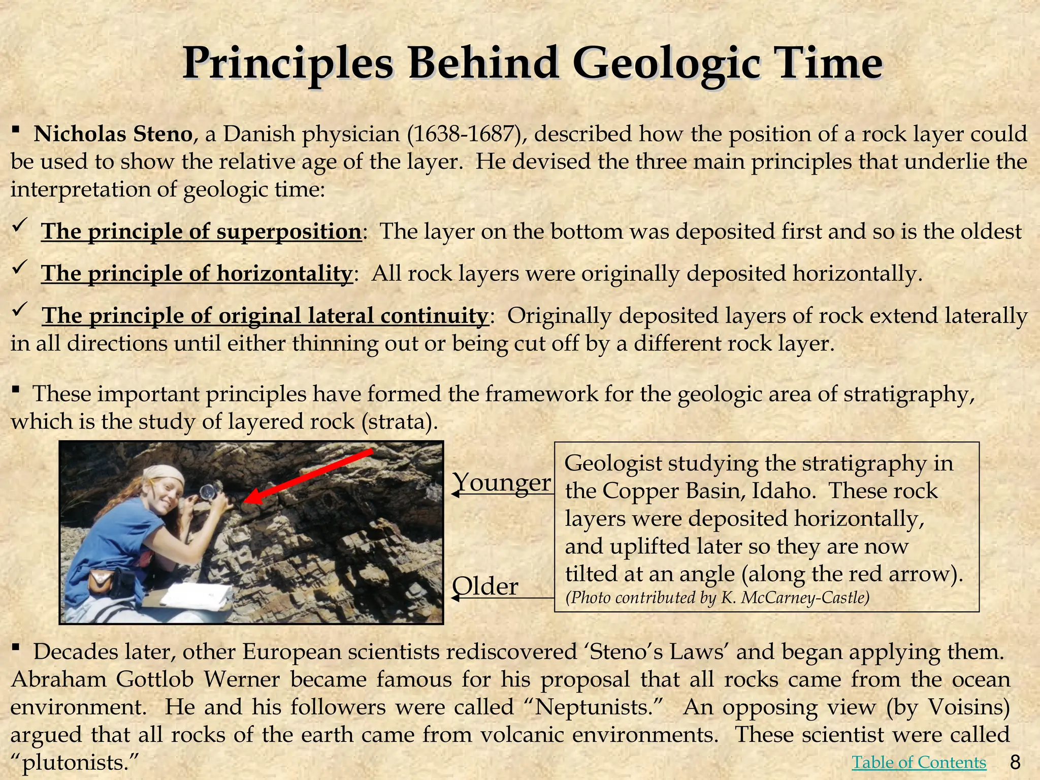 Principles Behind Geologic Time
Principles Behind Geologic Time
 Nicholas Steno, a Danish physician (1638-1687), described how the position of a rock layer could
be used to show the relative age of the layer. He devised the three main principles that underlie the
interpretation of geologic time:
 The principle of superposition: The layer on the bottom was deposited first and so is the oldest
 The principle of horizontality: All rock layers were originally deposited horizontally.
 The principle of original lateral continuity: Originally deposited layers of rock extend laterally
in all directions until either thinning out or being cut off by a different rock layer.
 These important principles have formed the framework for the geologic area of stratigraphy,
which is the study of layered rock (strata).
 Decades later, other European scientists rediscovered ‘Steno’s Laws’ and began applying them.
Abraham Gottlob Werner became famous for his proposal that all rocks came from the ocean
environment. He and his followers were called “Neptunists.” An opposing view (by Voisins)
argued that all rocks of the earth came from volcanic environments. These scientist were called
“plutonists.”
Older
Younger
Geologist studying the stratigraphy in
the Copper Basin, Idaho. These rock
layers were deposited horizontally,
and uplifted later so they are now
tilted at an angle (along the red arrow).
(Photo contributed by K. McCarney-Castle)
8
Table of Contents
 