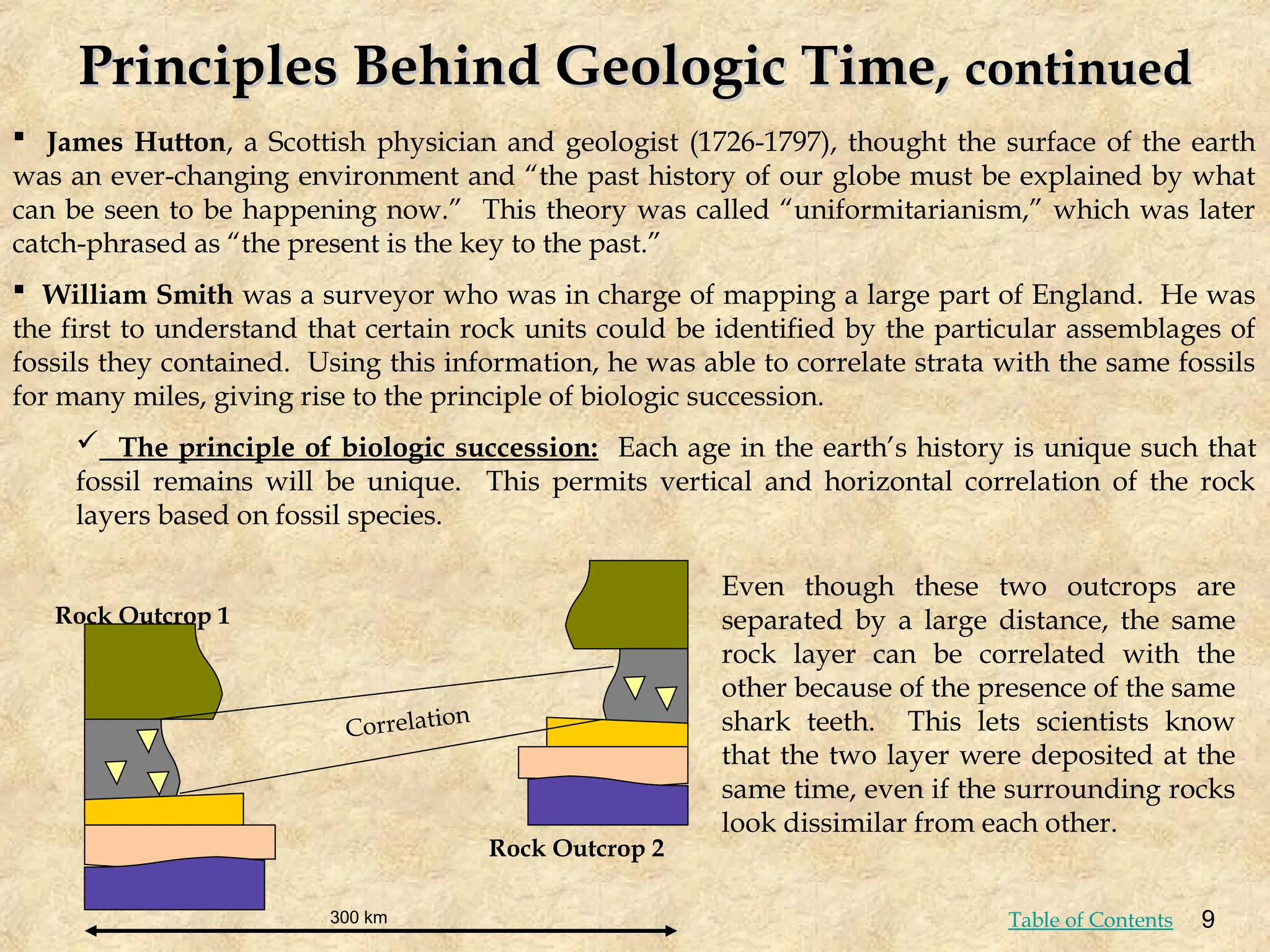  James Hutton, a Scottish physician and geologist (1726-1797), thought the surface of the earth
was an ever-changing environment and “the past history of our globe must be explained by what
can be seen to be happening now.” This theory was called “uniformitarianism,” which was later
catch-phrased as “the present is the key to the past.”
 William Smith was a surveyor who was in charge of mapping a large part of England. He was
the first to understand that certain rock units could be identified by the particular assemblages of
fossils they contained. Using this information, he was able to correlate strata with the same fossils
for many miles, giving rise to the principle of biologic succession.
 The principle of biologic succession: Each age in the earth’s history is unique such that
fossil remains will be unique. This permits vertical and horizontal correlation of the rock
layers based on fossil species.
Correlation
Even though these two outcrops are
separated by a large distance, the same
rock layer can be correlated with the
other because of the presence of the same
shark teeth. This lets scientists know
that the two layer were deposited at the
same time, even if the surrounding rocks
look dissimilar from each other.
300 km
Rock Outcrop 1
Rock Outcrop 2
Principles Behind Geologic Time,
Principles Behind Geologic Time, continued
continued
9
Table of Contents
 