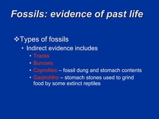 Fossils: evidence of past life  Types of fossils  Indirect evidence includes  Tracks Burrows Coprolites  – fossil dung and stomach contents  Gastroliths   – stomach stones used to grind food by some extinct reptiles  