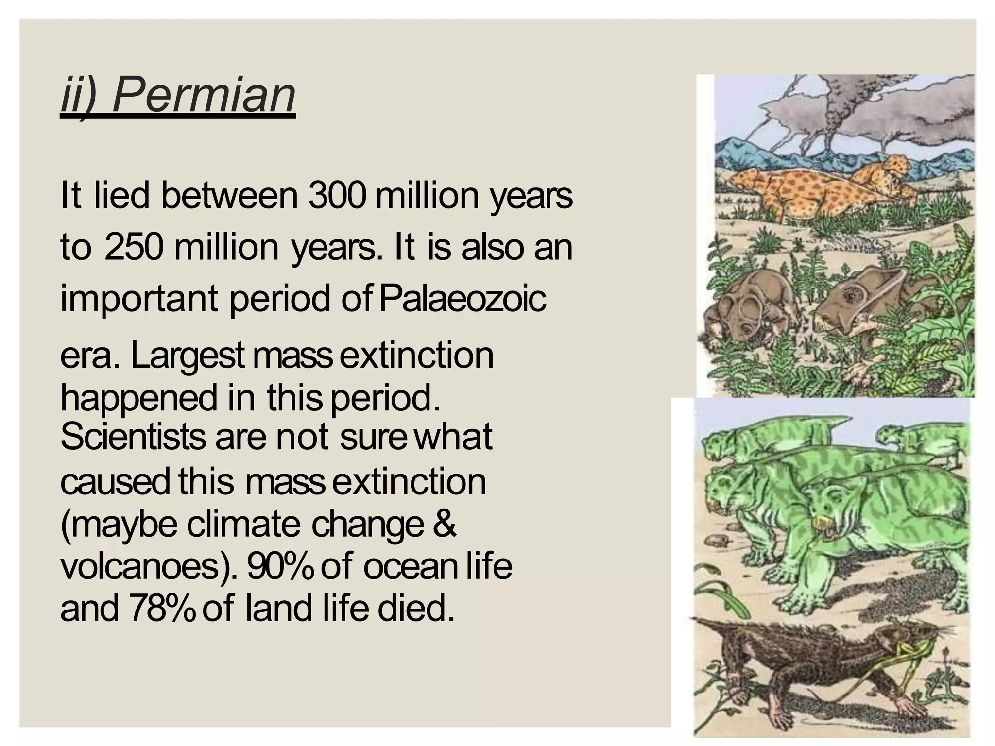 ii) Permian
It lied between 300 million years
to 250 million years. It is also an
important period ofPalaeozoic
era. Largest massextinction
happened in thisperiod.
Scientists are not surewhat
causedthis massextinction
(maybe climate change &
volcanoes). 90%of oceanlife
and 78%of land life died.
 