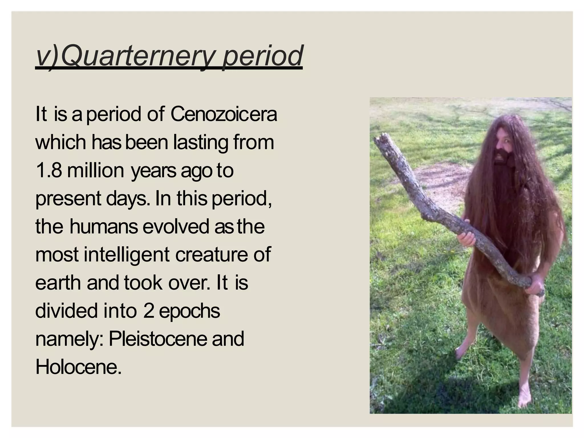 v)Quarternery period
It is aperiod of Cenozoicera
which hasbeen lasting from
1.8 million years agoto
present days. In thisperiod,
the humans evolved asthe
most intelligent creature of
earth and took over. It is
divided into 2 epochs
namely: Pleistocene and
Holocene.
 