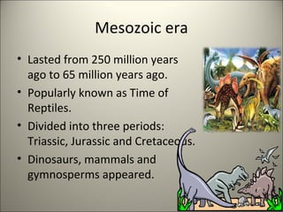 Mesozoic era
• Lasted from 250 million years
ago to 65 million years ago.
• Popularly known as Time of
Reptiles.
• Divided into three periods:
Triassic, Jurassic and Cretaceous.
• Dinosaurs, mammals and
gymnosperms appeared.
 