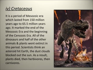 iv) Cretaceous
It is a period of Mesozoic era
which lasted from 150 million
years ago to 65.5 million years
ago. It marked the end of the
Mesozoic Era and the beginning
of the Cenozoic Era. All of the
dinosaurs and half of the other
animals & plants went extinct in
this period. Scientists think an
asteroid hit Earth, the dust clouds
blocked out the sun. As a result,
plants died, then herbivores, then
carnivores.
 