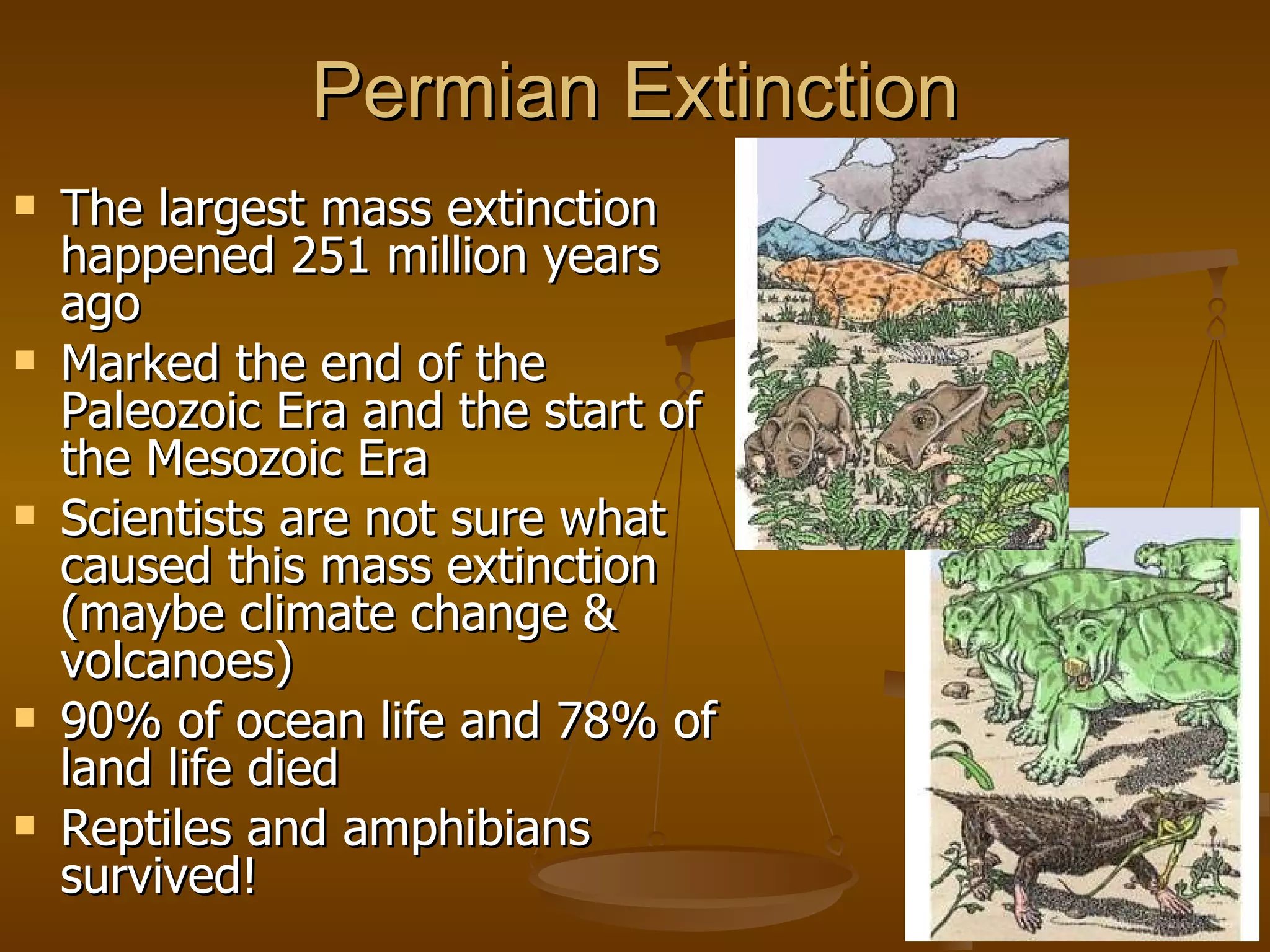 Permian Extinction The largest mass extinction happened 251 million years ago Marked the end of the Paleozoic Era and the start of the Mesozoic Era Scientists are not sure what caused this mass extinction (maybe climate change & volcanoes) 90% of ocean life and 78% of land life died Reptiles and amphibians survived! 
