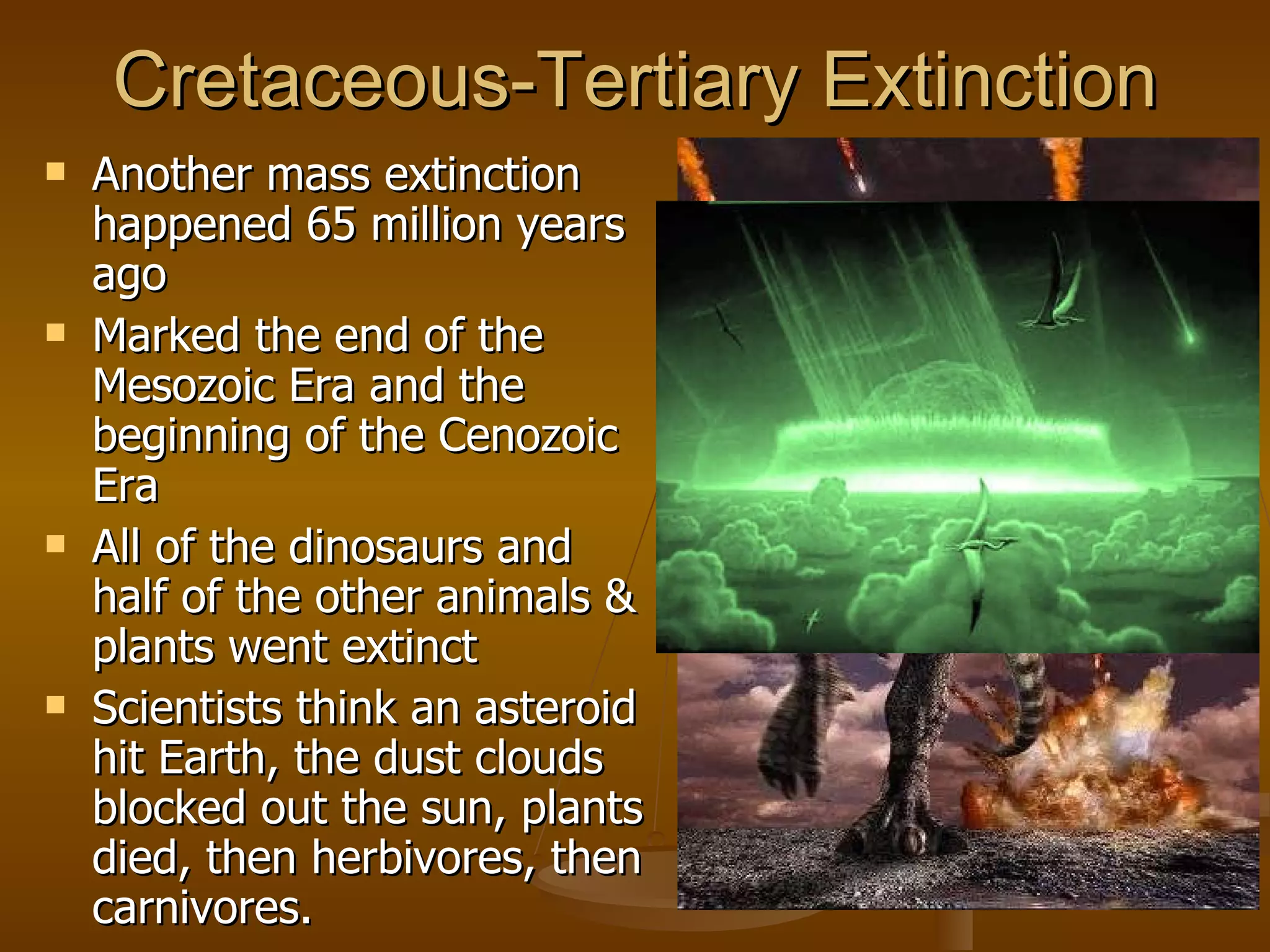 Cretaceous-Tertiary Extinction Another mass extinction happened 65 million years ago  Marked the end of the Mesozoic Era and the beginning of the Cenozoic Era All of the dinosaurs and half of the other animals & plants went extinct Scientists think an asteroid hit Earth, the dust clouds blocked out the sun, plants died, then herbivores, then carnivores. 