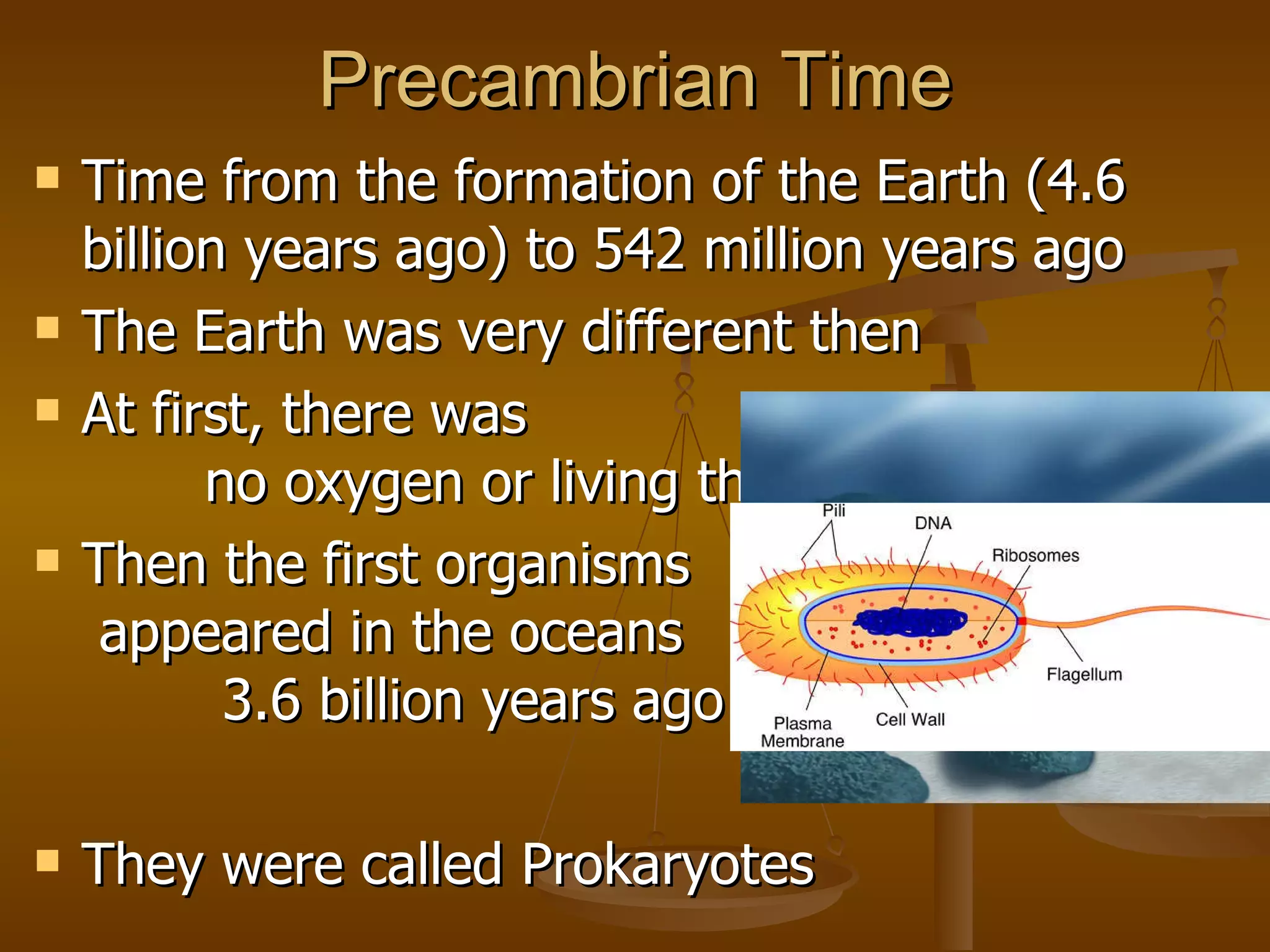 Precambrian Time Time from the formation of the Earth (4.6 billion years ago) to 542 million years ago The Earth was very different then At first, there was  no oxygen or living things Then the first organisms  appeared in the oceans  3.6 billion years ago They were called Prokaryotes 
