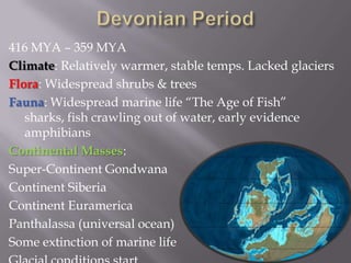Devonian Period416 MYA – 359 MYAClimate: Relatively warmer, stable temps. Lacked glaciersFlora: Widespread shrubs & treesFauna: Widespread marine life “The Age of Fish” sharks, fish crawling out of water, early evidence amphibiansContinental Masses:Super-Continent GondwanaContinent SiberiaContinent EuramericaPanthalassa (universal ocean)Some extinction of marine lifeGlacial conditions start