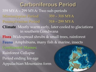 Carboniferous Period359 MYA – 299 MYA: Two sub-periodsMississippian Period		359 – 318 MYAPennsylvanian Period 	318 – 299 MYAClimate: Mostly warm early, later cooled to glaciations 		in southern GondwanaFlora: Widespread shrubs & small trees, rainforestFauna: Amphibians, many fish & marine, insectsContinental Masses:Rainforest CollapsePeriod ending Ice-ageAppalachian Mountains form