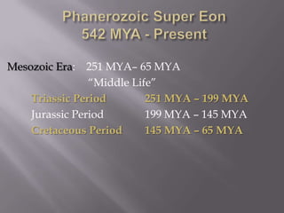 Phanerozoic Super Eon542 MYA - PresentMesozoic Era:    251 MYA– 65 MYA 				“Middle Life”Triassic Period      	251 MYA – 199 MYA		Jurassic Period   		199 MYA – 145 MYACretaceous Period        	145 MYA – 65 MYA