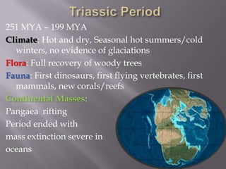 Triassic Period251 MYA – 199 MYAClimate: Hot and dry, Seasonal hot summers/cold winters, no evidence of glaciationsFlora: Full recovery of woody treesFauna: First dinosaurs, first flying vertebrates, first mammals, new corals/reefsContinental Masses:Pangaea  rifting Period ended with  mass extinction severe inoceans