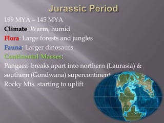 Jurassic Period199 MYA – 145 MYAClimate: Warm, humidFlora: Large forests and junglesFauna: Larger dinosaurs Continental Masses:Pangaea  breaks apart into northern (Laurasia) &southern (Gondwana) supercontinentsRocky Mts. starting to uplift