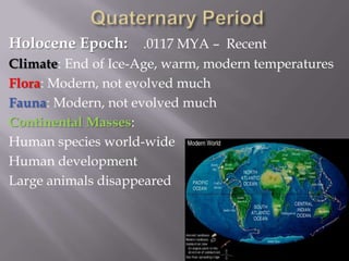 Quaternary PeriodHolocene Epoch: 	.0117 MYA –  RecentClimate: End of Ice-Age, warm, modern temperaturesFlora: Modern, not evolved muchFauna: Modern, not evolved muchContinental Masses:Human species world-wideHuman developmentLarge animals disappeared