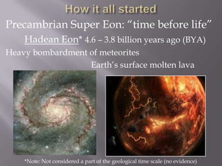How it all startedPrecambrian Super Eon: “time before life”Hadean Eon* 4.6 – 3.8 billion years ago (BYA)Heavy bombardment of meteorites					Earth’s surface molten lava*Note: Not considered a part of the geological time scale (no evidence)