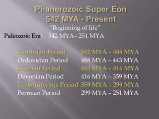 Phanerozoic Super Eon542 MYA - Present				“Beginning of life”Paleozoic Era:    542 MYA– 251 MYA Cambrian Period      	542 MYA – 488 MYA		Ordovician Period   	488 MYA – 443 MYASilurian Period          	443 MYA – 416 MYA		Devonian Period       	416 MYA – 359 MYACarboniferous Period	359 MYA – 299 MYA		Permian Period		299 MYA – 251 MYA
