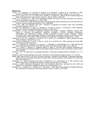 References
Amthor, J. E., Grotzinger, J. P., Schroder, S., Bowring, S. A., Ramezani, J., Martin, M. W., and Matter, A., 2003:
      Extinction of Cloudina and Namacalathus at the Precambrian boundary in Oman, Geology, 31 (5), p. 431-434.
Bowring, S. A., Erwin, D. H., Jin, Y. G., Martin, M. W., Davidek, K., and Wang, W., 1998: U/ Pb zircon geochronology and
      tempo of the end-Permian mass extinction, Science, v. 280, no. 5366, p. 1039-1045.
Cande, S. C., and Kent, D. V., 1992: A new geomagnetic polarity time scale for the Late Cretaceous and Cenozoic,
      Journal of Geophysical Research, 97, p. 13917-13951.
Cande, S.C. and Kent, D.V., 1995: Revised calibration of the geomagnetic polarity timescale for the Late Cretaceous and
      Cenozoic, Journal of Geophysical Research, 100, p. 6093-6095.
Cooper, R.A., 1999: The Ordovician time scale - calibration of graptolite and conodont zones: Acta Universitatis
      Carolinae Geologica, 43 (1/2), p. 1-4.
Gradstein, F. M., Agterberg, F. P., Ogg, J. G., Hardenbol, J., van Veen, P., Thierry, T., and Huang, Z., 1994: A Mesozoic
      time scale. Journal of Geophysical Research, 99 (B12), p. 24051-24074.
F.M.Gradstein, J.G.Ogg, A.G.Smith, F.P.Agterberg, W.Bleeker, R.A.Cooper, V.Davydov, P.Gibbard, L.Hinnov, M.R.
      House (†), L.Lourens, H-P.Luterbacher, J.McArthur, M.J.Melchin, L.J.Robb, J.Shergold, M.Villeneuve,
      B.R.Wardlaw, J.Ali, H.Brinkhuis, F.J.Hilgen, J.Hooker, R.J.Howarth, A.H.Knoll, J.Laskar, S.Monechi, J.Powell,
      K.A.Plumb, I.Raffi, U.Röhl, A.Sanfilippo, B.Schmitz, N.J.Shackleton, G.A.Shields, H.Strauss, J.Van Dam, J.Veizer,
      Th.van Kolfschoten, and D.Wilson. 2004: A Geologic Time Scale 2004. Cambridge University Press, ~ 500 p.
Harland, W. B., Cox, A. V., Llewellyn, P. G., Pickton, C. A. G., Smith, A. G., and Walters, R., 1982: A geologic time scale
      1982, Cambridge University Press, 131 p.
Harland, W.B., Armstrong, R.L., Cox, A.V., Craig, L.E., Smith, A.G., and Smith, D.G., 1990: A geologic time scale 1989,
      Cambridge University Press, 263 p.
Hilgen, F. J., Krijgsman, W., Langereis, C. G., Lourens, L. J., Santarelli, A., and Zachariasse, W. J., 1995: Extending the
      astronomical (polarity) time scale into the Miocene, Earth and Planetary Science Letters, 136, p. 495-510.
Hilgen, F. J., Bissoli, L., Iaccarino, S., Krijgsman, Meijer, R., Negri, A., and Villa, 2000: Integrated stratigraphy and
      astrochronology of the Messinian GSSG at Oued Akrech (Atlantic Morocco), Earth and Planetary Science Letters,
      182, p. 237-251.
Holmes, A., 1947: The construction of a geological time-scale, Transactions Geological Society of Glasgow, 21, p. 117-
      152.
Holmes, A., 1960: A revised geological time-scale. Transactions of the Edinburgh Geological Society, 17, p. 183-216.
NUNA, 2003: New Frontiers in the fourth dimension: generation, calibration and application of geological timescales;
      NUNA Conference, Geological Association of Canada; Mont Tremblant, Quebec, Canada, March 15-18, 2003. See
      http://www.nunatime.ca.
Obradovich, J. D., 1993: A Cretaceous time scale, in Caldwell, W. G. E., and Kauffman, E. G., eds., Evolution of the
      Western Interior Basin, Geological Association of Canada, Special Paper 39, p. 379-396.
Remane, J., 2000: International Stratigraphic Chart, with Explanatory Note Paris, Sponsored by ICS, IUGS and
      UNESCO. 31st International Geological Congress, Rio de Janeiro 2000, p 16.
Shackleton, N. J., Crowhurst, S. J., Weedon, G. P., and Laskar, J., 1999: Astronomical calibration of Oligocene-Miocene
      time, Philosophical Transactions of the Royal Society of London, A, (357), p. 1907-1929.
 