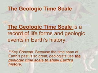 The Geologic Time Scale
The Geologic Time Scale is a
record of life forms and geologic
events in Earth’s history.
**Key Concept: Because the time span of
Earth’s past is so great, geologists use the
geologic time scale to show Earth’s
history.
 