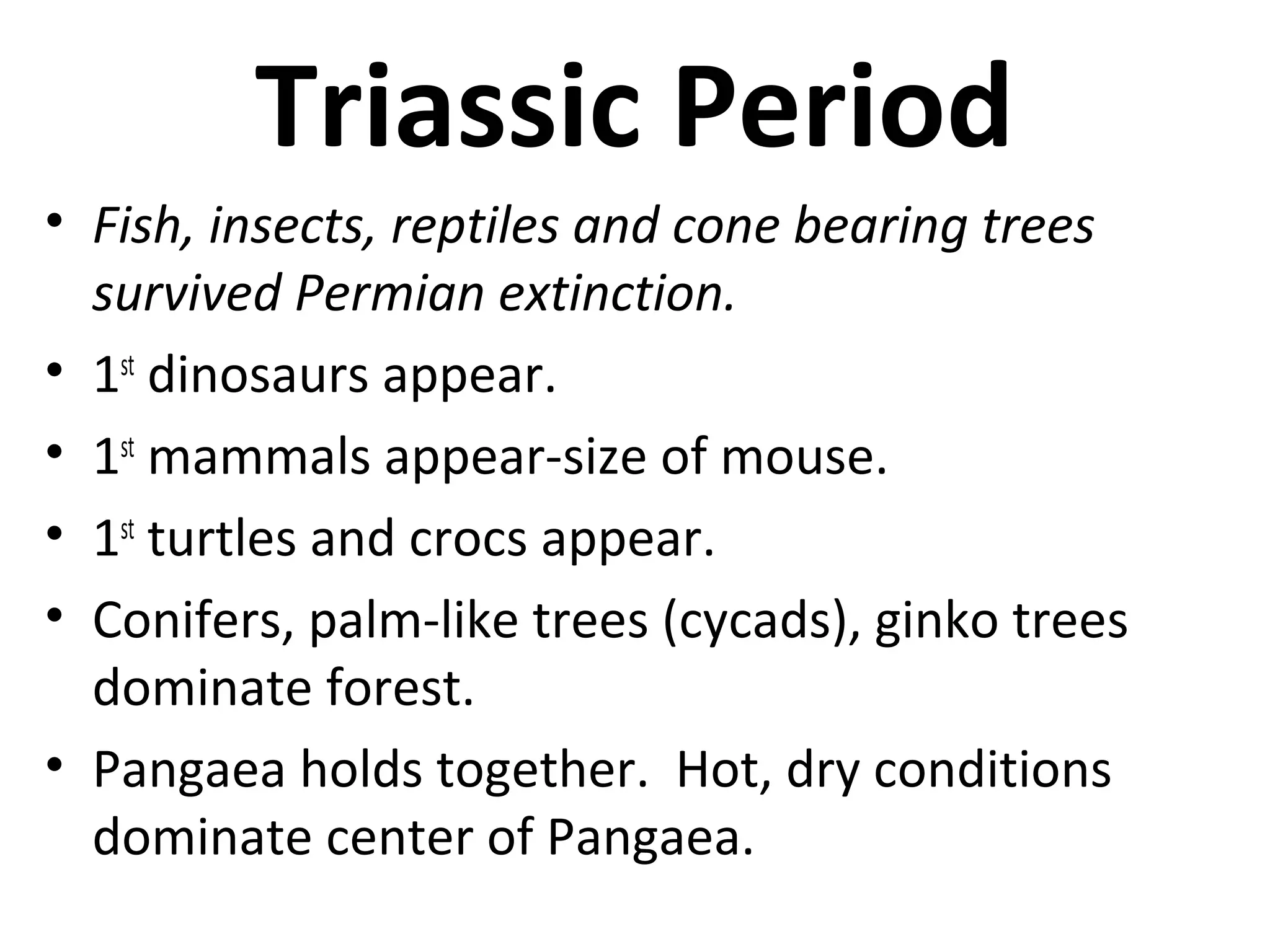 Triassic Period
• Fish, insects, reptiles and cone bearing trees
survived Permian extinction.
• 1st
dinosaurs appear.
• 1st
mammals appear-size of mouse.
• 1st
turtles and crocs appear.
• Conifers, palm-like trees (cycads), ginko trees
dominate forest.
• Pangaea holds together. Hot, dry conditions
dominate center of Pangaea.
 