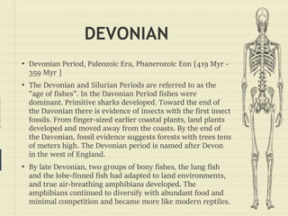 prezentr.com!
DEVONIAN
• Devonian Period, Paleozoic Era, Phanerozoic Eon [419 Myr -
359 Myr ]
• The Devonian and Silurian Periods are referred to as the
"age of fishes". In the Davonian Period fishes were
dominant. Primitive sharks developed. Toward the end of
the Davonian there is evidence of insects with the first insect
fossils. From finger-sized earlier coastal plants, land plants
developed and moved away from the coasts. By the end of
the Davonian, fossil evidence suggests forests with trees tens
of meters high. The Devonian period is named after Devon
in the west of England.
• By late Devonian, two groups of bony fishes, the lung fish
and the lobe-finned fish had adapted to land environments,
and true air-breathing amphibians developed. The
amphibians continued to diversify with abundant food and
minimal competition and became more like modern reptiles.
 