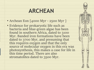 prezentr.com!
ARCHEAN
• Archean Eon [4000 Myr - 2500 Myr ]
• Evidence for prokaryotic life such as
bacteria and blue-green algae has been
found in southern Africa, dated to 3100
Myr. Banded iron formations have been
dated to 3700 Myr, and presuming that
this requires oxygen and that the only
source of molecular oxygen in this era was
photosynthesis, this makes a case for life in
this time period. There are also
stromatolites dated to 3500 Myr.
 