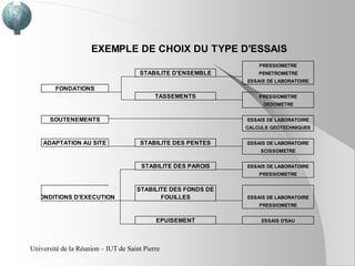 EXEMPLE DE CHOIX DU TYPE D'ESSAIS
                                                                  PRESSIOMETRE
                                      STABILITE D'ENSEMBLE        PENETROMETRE
                                                              ESSAIS DE LABORATOIRE
        FONDATIONS
                                            TASSEMENTS            PRESSIOMETRE
                                                                   OEDOMETRE


       SOUTENEMENTS                                           ESSAIS DE LABORATOIRE
                                                              CALCULS GEOTECHNIQUES


    ADAPTATION AU SITE                 STABILITE DES PENTES   ESSAIS DE LABORATOIRE
                                                                  SCISSOMETRE


                                       STABILITE DES PAROIS   ESSAIS DE LABORATOIRE
                                                                  PRESSIOMETRE


                                     STABILITE DES FONDS DE
 CONDITIONS D'EXECUTION                     FOUILLES          ESSAIS DE LABORATOIRE
                                                                  PRESSIOMETRE


                                            EPUISEMENT             ESSAIS D'EAU




Université de la Réunion – IUT de Saint Pierre
 