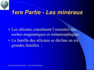 1ere Partie - Les minéraux

 Les silicates constituent l’essentiel des
  roches magmatiques et métamorphiques.
 La famille des silicates se décline en six
  grandes familles :



Université de la Réunion – IUT de Saint Pierre
 