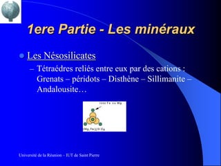 1ere Partie - Les minéraux
   Les Nésosilicates
      – Tétraédres reliés entre eux par des cations :
          Grenats – péridots – Disthène – Sillimanite –
          Andalousite…




Université de la Réunion – IUT de Saint Pierre
 