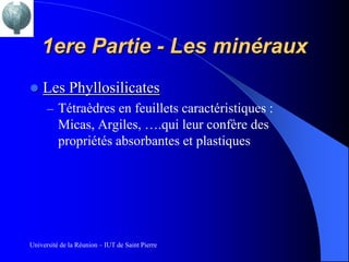 1ere Partie - Les minéraux
   Les Phyllosilicates
      – Tétraèdres en feuillets caractéristiques :
          Micas, Argiles, ….qui leur confère des
          propriétés absorbantes et plastiques




Université de la Réunion – IUT de Saint Pierre
 