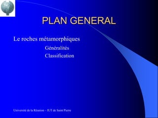 PLAN GENERAL
Le roches métamorphiques
                         Généralités
                         Classification




Université de la Réunion – IUT de Saint Pierre
 
