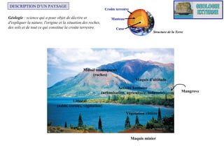 DESCRIPTION D’UN PAYSAGE

Croûte terrestre

Géologie : science qui a pour objet de décrire et
d'expliquer la nature, l'origine et la situation des roches,
des sols et de tout ce qui constitue la croûte terrestre.

Manteau
Cœur

Structure de la Terre

Massif montagneux
(roches)
Maquis d’altitude
Activité humaine
(urbanisation, agriculture, industrie)
Littoral
(sable, coraux, végétation)
Végétation côtière

Maquis minier

Mangrove

 