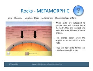 Rocks - METAMORPHIC
Meta – Change ,    Morphos - Shape , Metamorphic – Change in shape or form

                                                              • When rocks are subjected to
                                                                greater heat and pressure inside
                                                                the Earth, they are changed into
                                                                rocks which are different from the
                                                                original.

                                                              • This change occurs while the
                                                                original rocks are still in a solid
                                                                state.

                                                              • Thus the new rocks formed are
                                                                called metamorphic rocks.




 27 August 2010           Copyright 2007, Gemcom Software International Inc.
 