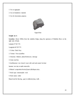 23
1. Use as aggregate.
2. Use in foundation material.
3. Use for decoration purpose.
Figure:Slate
Sample no: 6
Location: About 1000m from the malekhu bridge along the upstream of Malekhu River on the
right side of bank.
Latitude:27°48’3”N
Longitude:84°50’5”E
1. Colour: Dark Grey
2. Texture: Non-crystalline
3. Structure: foliation plane/Schistocity cleavage
4. Grain size:fine
5.Acid/hammer test: doesn’t react with acid and cannot be done
hammer test due to multi-minerallic.
6.Mineral composition:biotite,Quartz,fdeldspar,mica.
7. Rock type: metamorphic rock
8. Rock name: schist
Uses:Used for flooring, gap in walls(retaining wall) .
 