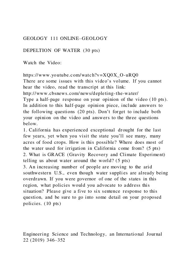 Water Geologist GEOLOGY 111 ONLINE–GEOLOGYDEPELTION OF WATER (30 pts)Watch | PDF | Free ...
