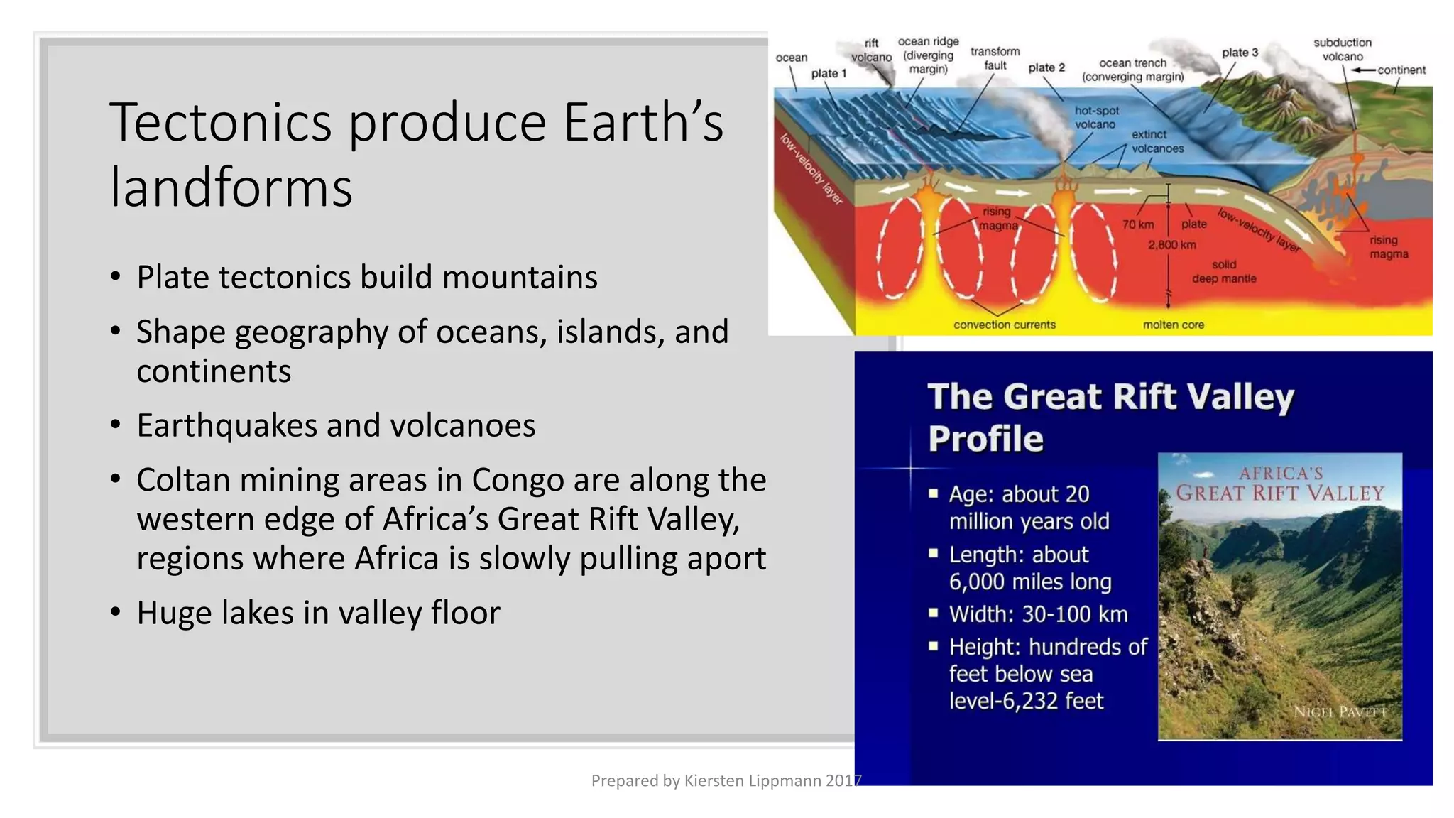 Tectonics produce Earth’s
landforms
• Plate tectonics build mountains
• Shape geography of oceans, islands, and
continents
• Earthquakes and volcanoes
• Coltan mining areas in Congo are along the
western edge of Africa’s Great Rift Valley,
regions where Africa is slowly pulling aport
• Huge lakes in valley floor
Prepared by Kiersten Lippmann 2017
 