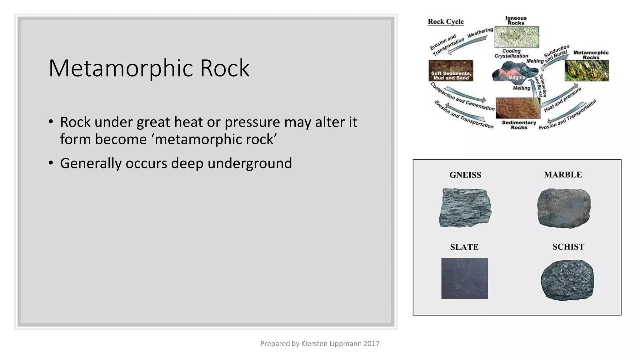 Metamorphic Rock
• Rock under great heat or pressure may alter it
form become ‘metamorphic rock’
• Generally occurs deep underground
Prepared by Kiersten Lippmann 2017
 